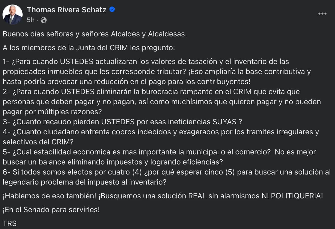 Publicación en redes sociales del presidente del Senado, Thomas Rivera Schatz, con seis preguntas dirigidas a la Junta del CRIM y a los alcaldes sobre tasaciones, recaudación y el impuesto al inventario.