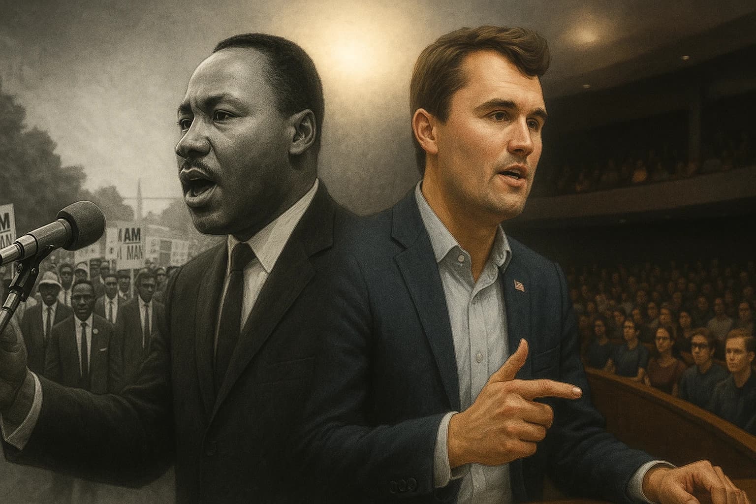 Ilustración digital simbólica que muestra a Martin Luther King Jr. y Charlie Kirk fusionados en una misma figura, conectando la lucha por los derechos civiles en los años sesenta con la batalla ideológica actual.