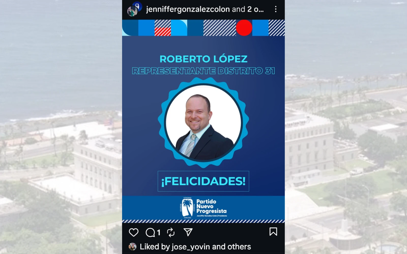 Publicación del PNP en redes sociales felicitando a Roberto López como representante electo del Distrito 31 tras ganar la primaria especial.