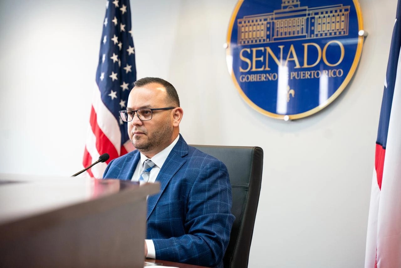 El senador Héctor Joaquín Sánchez Álvarez, vestido de traje azul cuadriculado y corbata, sentado frente a un micrófono en una sala del Senado de Puerto Rico. Al fondo se observan la bandera de Estados Unidos, la bandera de Puerto Rico y el sello oficial del Senado del Gobierno de Puerto Rico.