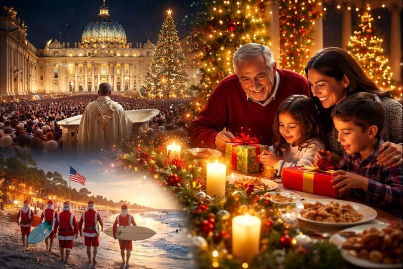 Composición fotorrealista generada con inteligencia artificial que muestra una familia reunida en Nochebuena, una celebración religiosa en la Plaza de San Pedro del Vaticano y personas vestidas de Santa Claus en una playa al atardecer, como representación simbólica de la Navidad global.