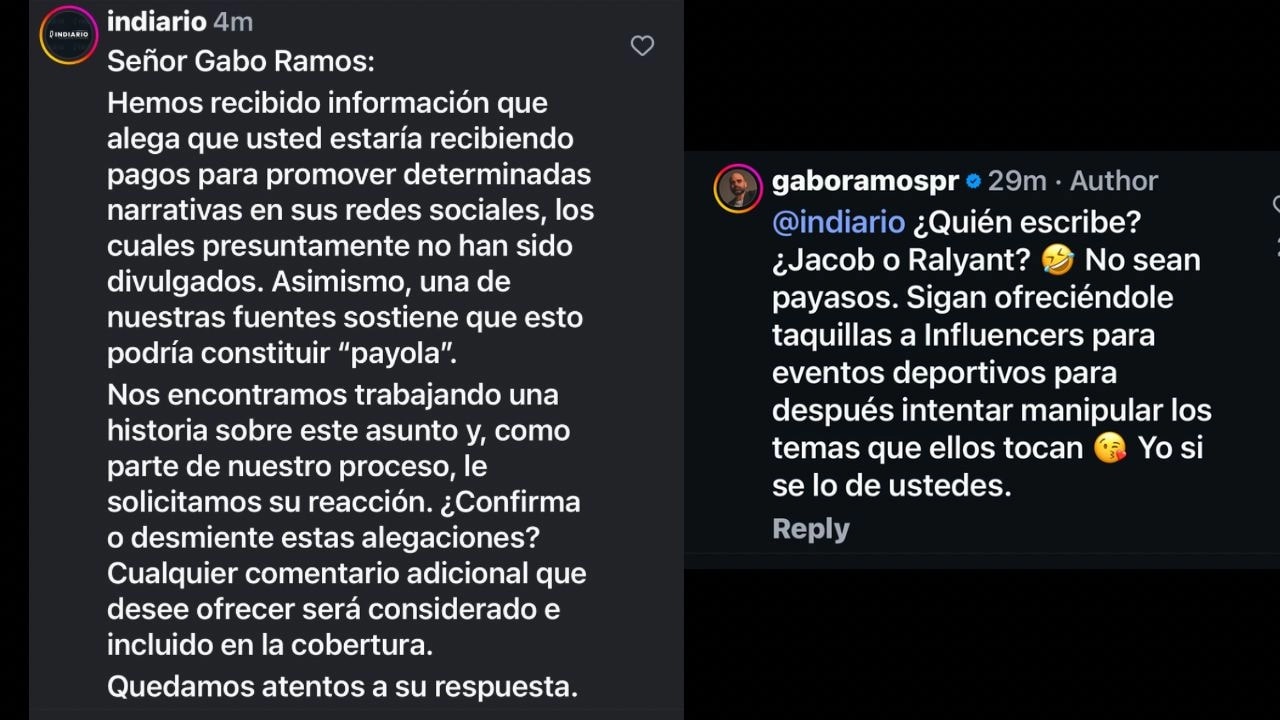 Fondo negro con texto blanco en el que se lee las capturas de pantalla tanto de la indagación de INDIARIO sobre los señalamientos de payola así como la respuesta del implicado.