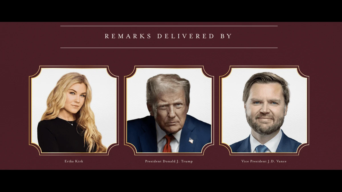 Montaje con retratos de Erika Kirk, Donald J. Trump y J.D. Vance, anunciados como oradores en el evento conmemorativo “Fight for Charlie” en Arizona.