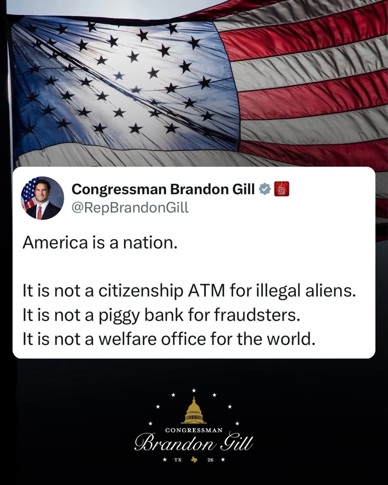 Graphic shared by the office of Representative Brandon Gill featuring one of his posts on X on immigration and citizenship. The Texas Republican filed the English Language Proficiency Act on July 16. (Credit: Office of Congressman Brandon Gill / X)