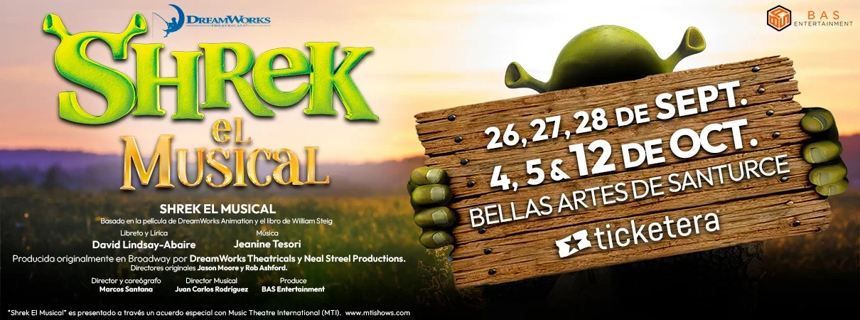 Anuncio promocional de “Shrek El Musical”, producción teatral de BAS Entertainment con presentaciones en el Centro de Bellas Artes de Santurce del 26 de septiembre al 12 de octubre de 2025.