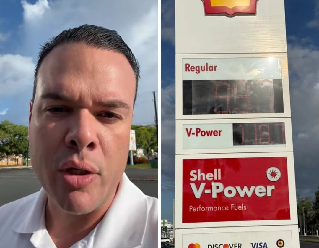 Montaje de dos imágenes. A la izquierda, el secretario de DACO Hirma Torres Montalvo grabando un video al aire libre frente a un cielo parcialmente nublado. A la derecha, el letrero de precios de una estación Shell en Levittown, Toa Baja, que muestra los precios de la gasolina Regular y V-Power.
