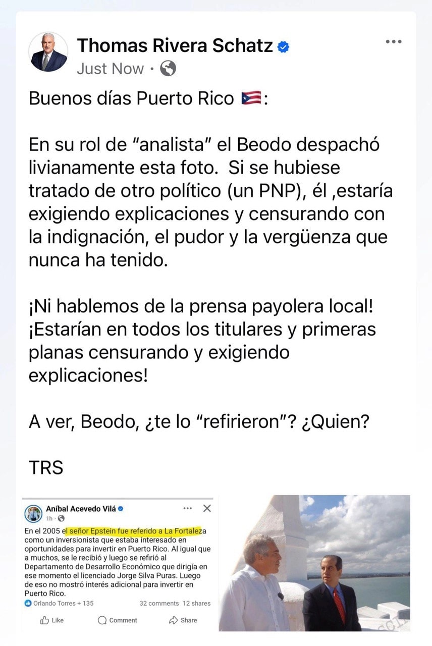 Captura de pantalla de una publicación en redes sociales de Thomas Rivera Schatz con el mensaje “Buenos días Puerto Rico”, donde critica a Aníbal Acevedo Vilá por una foto con Jeffrey Epstein y exige saber quién refirió la visita a La Fortaleza.