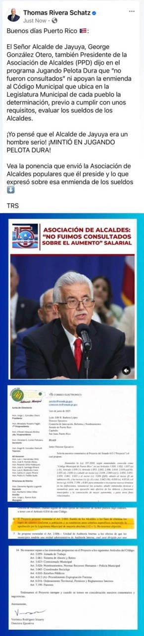 Publicación de Thomas Rivera Schatz en redes sociales donde señala al alcalde de Jayuya por afirmar falsamente que la Asociación de Alcaldes no fue consultada sobre la enmienda de sueldos; se muestran imágenes del alcalde y del documento oficial sometido al Senado.