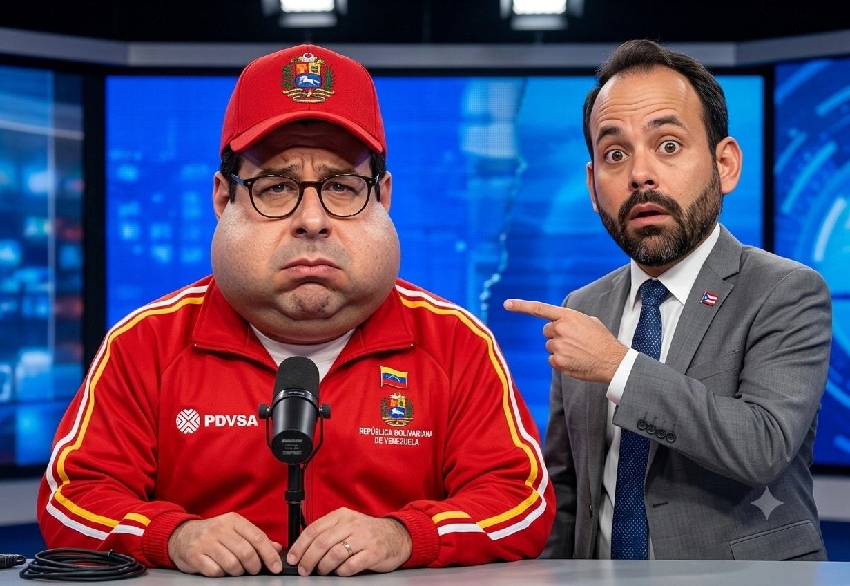 Imagen digital de estilo caricaturesco y fotorrealista en un set de televisión con pantallas azules de fondo. A la izquierda, un hombre con espejuelos y rasgos exagerados —mejillas y papada cómicamente infladas— viste una chaqueta deportiva roja y una gorra del mismo color con el escudo de Venezuela y las siglas de PDVSA, mientras mira al frente con expresión seria detrás de un micrófono. A la derecha, Ernesto Zayas, vistiendo un traje gris con corbata azul, lo señala fijamente con el dedo índice y una expresión de absoluta sorpresa en el rostro.