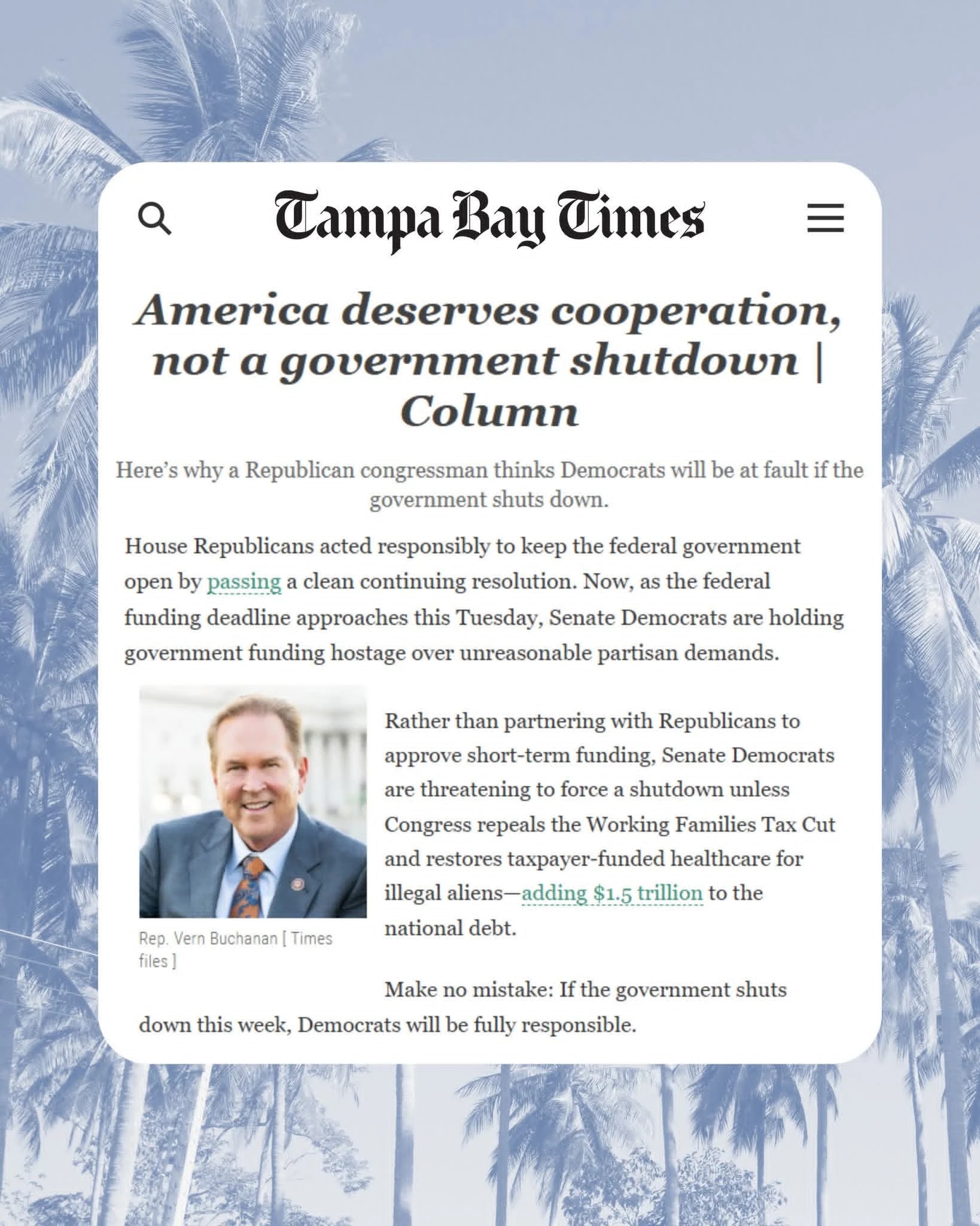 Artículo de opinión en el Tampa Bay Times firmado por Vern Buchanan, en el que responsabiliza a los demócratas de un posible cierre del gobierno federal.