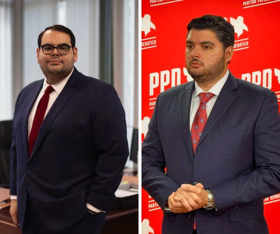 Manuel Calderón Cerame y Ernesto González Rodríguez vestidos con traje formal en imágenes separadas, uno en oficina y otro frente a fondo institucional del Partido Popular Democrático. (Imagen suministrada)