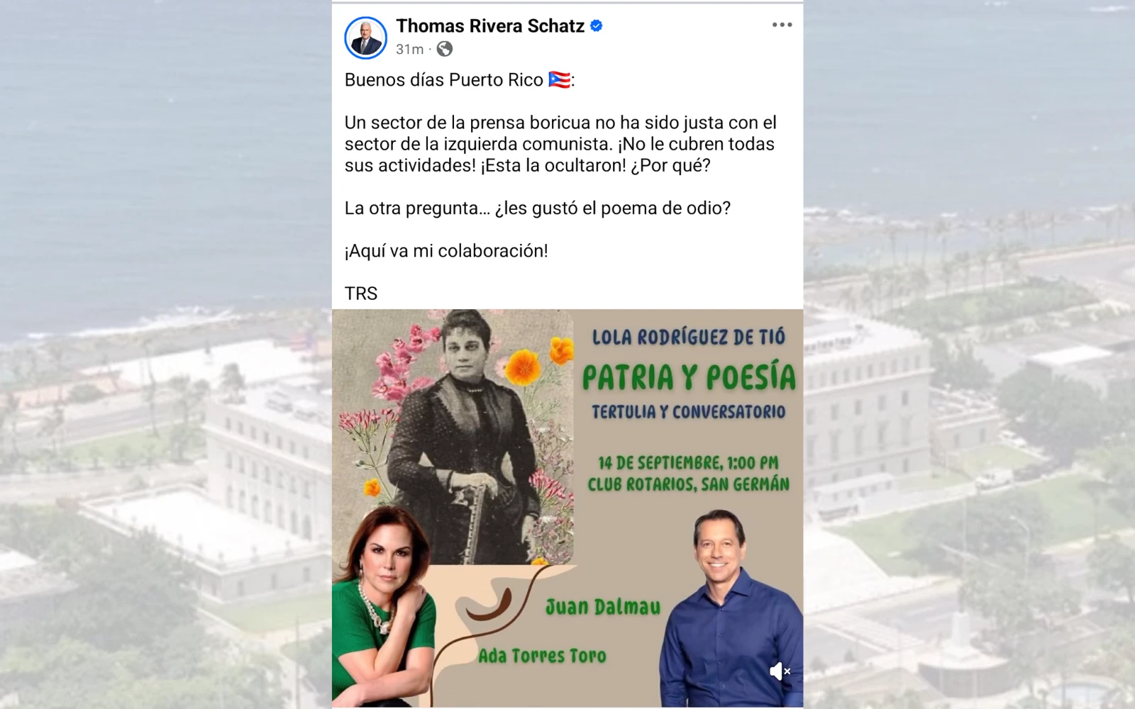 Screenshot del “Buenos días” publicado por Thomas Rivera Schatz que muestra la participación de Ada Torres Toro y Juan Dalmau en una actividad cultural.