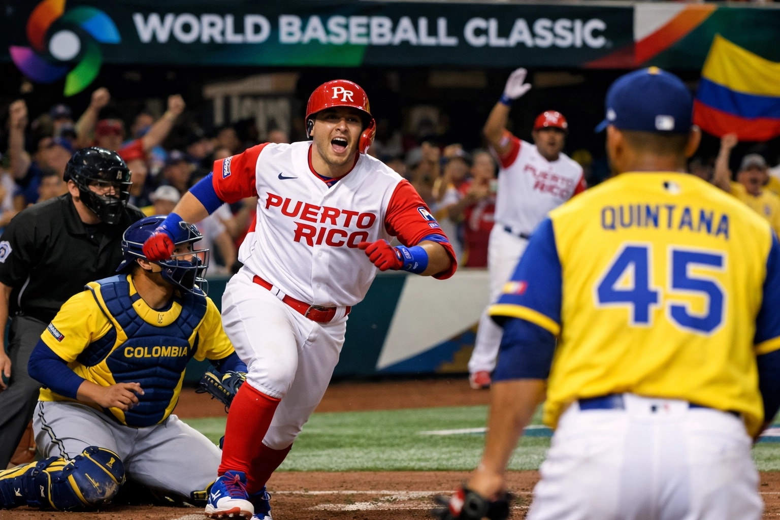 Imagen generada con inteligencia artificial de una jugada de béisbol entre Puerto Rico y Colombia durante el Clásico Mundial de Béisbol, con un jugador puertorriqueño corriendo desde el plato mientras jugadores colombianos defienden la jugada en el estadio.