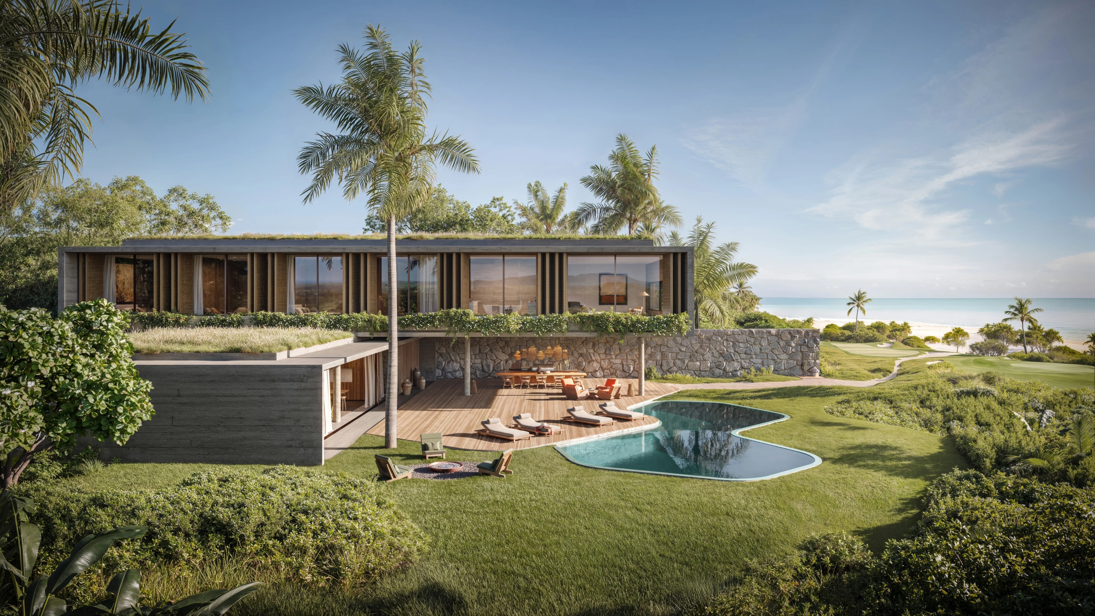 Representación arquitectónica digital de una villa moderna de dos niveles con techo verde, amplios ventanales de cristal y una base de piedra, rodeada de vegetación tropical y palmas. Al frente, una terraza de madera con sillas de sol y comedor exterior junto a una piscina de forma orgánica sobre la grama, y al fondo, un campo de golf, la playa de arena clara y el mar.