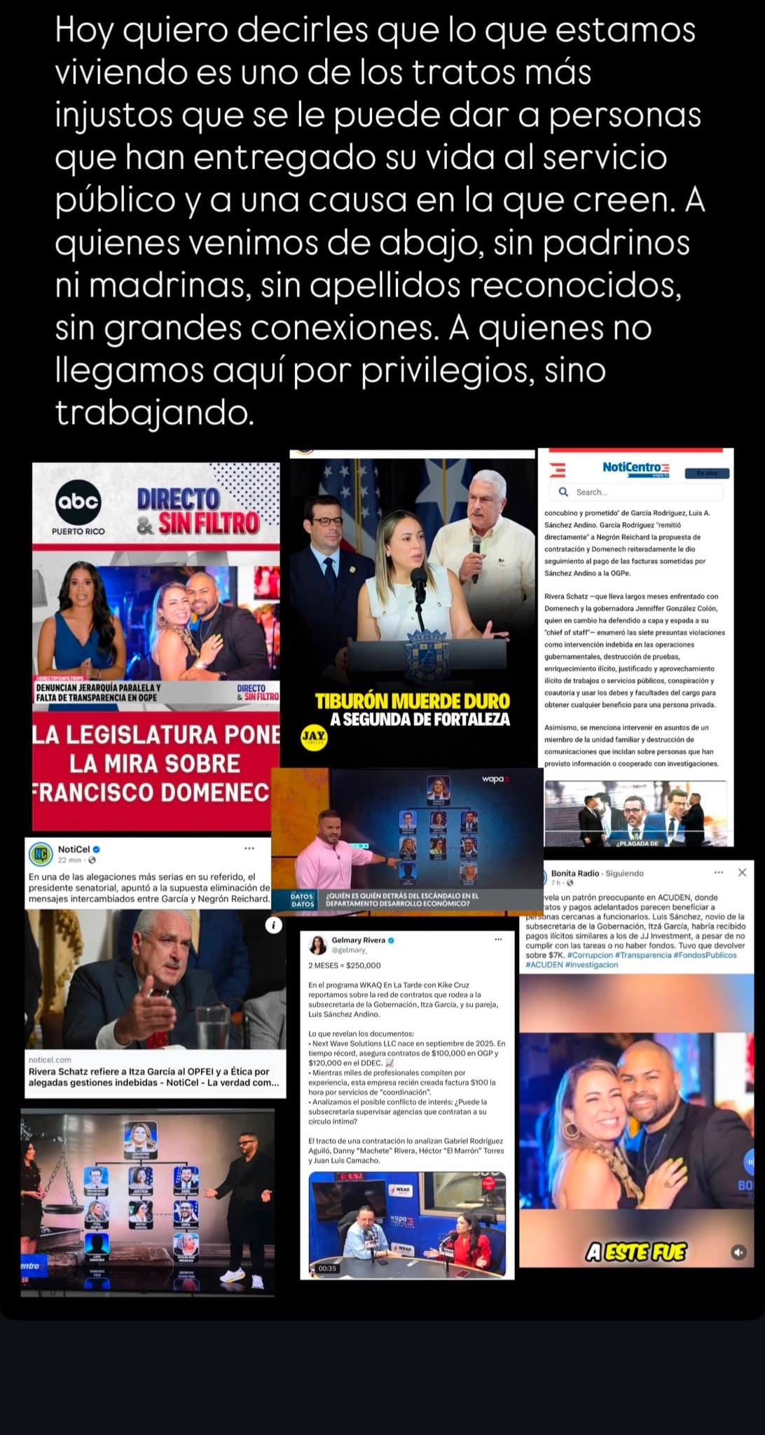 Captura de pantalla de una historia de Instagram con fondo negro. En la parte superior, un texto en el que el autor describe la situación como uno de los tratos más injustos contra personas que han entregado su vida al servicio público y afirma que llegaron trabajando y sin privilegios ni padrinos. Debajo, un collage de capturas de la cobertura noticiosa del caso, con titulares y publicaciones de programas de televisión, radio y medios digitales sobre los señalamientos contra la subsecretaria de la Gobernación y su pareja, incluyendo reportes sobre el referido ante el OPFEI, análisis de contratos y organigramas del escándalo en el Departamento de Desarrollo Económico, junto a fotografías de la pareja.