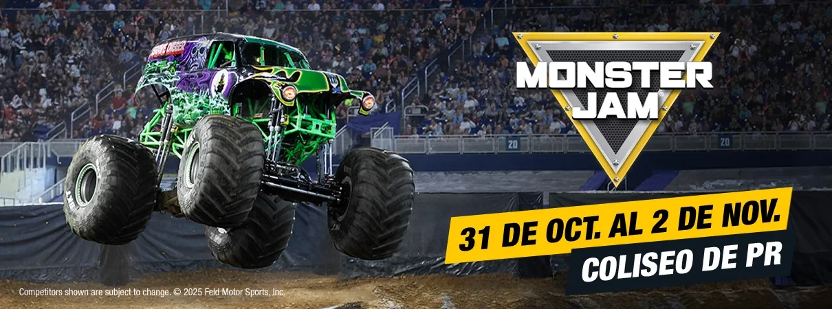 Camión Grave Digger realizando un salto durante el espectáculo de Monster Jam frente a una multitud en el Coliseo de Puerto Rico, evento programado del 31 de octubre al 2 de noviembre de 2025.