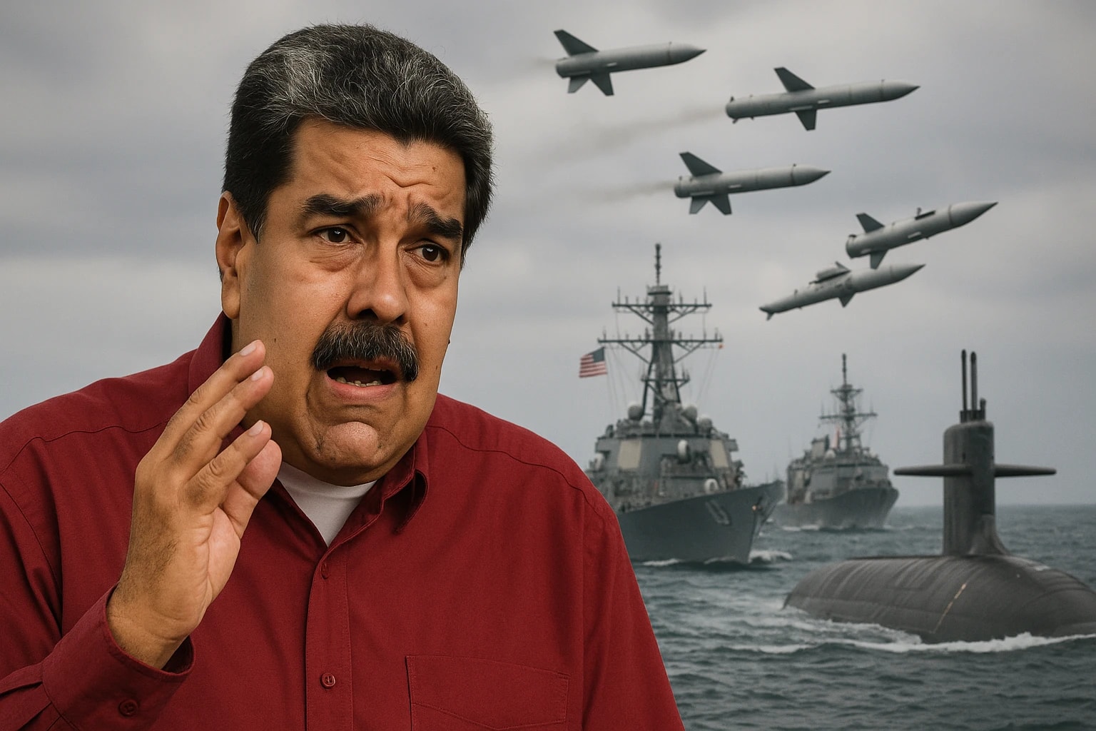 Imagen generada de Nicolás Maduro con gesto preocupado, al fondo destructores de la Marina de EE. UU., misiles en vuelo y un submarino nuclear en el Caribe, en alusión a sus declaraciones sobre Puerto Rico como base militar contra Venezuela.