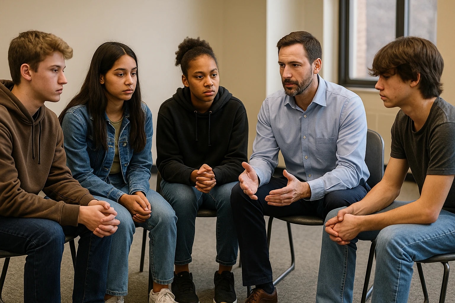 Imagen ilustrativa generada digitalmente: adolescentes sentados en círculo con una facilitadora en un salón comunitario, participando en un diálogo de reflexión como parte de un proceso de justicia restaurativa.
