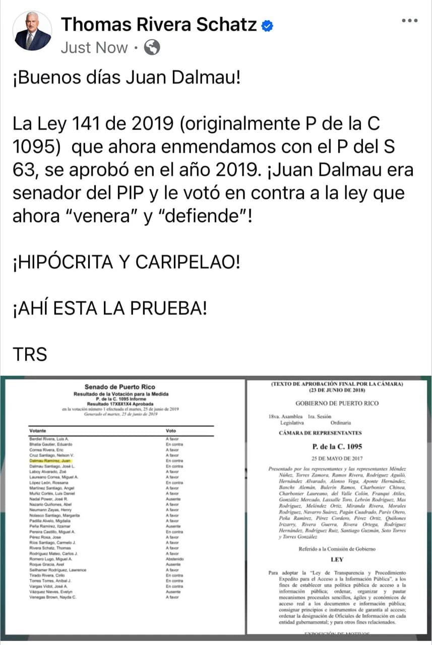 Publicación en Facebook del presidente del Senado Thomas Rivera Schatz, titulado Buenos Días Dalmau. Contiene imágenes de la hoja de votación que evidencia que Dalmau votó en contra a la ley que ahora defiende.