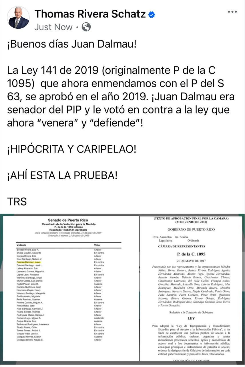 Publicación en Facebook del presidente del Senado Thomas Rivera Schatz, titulado Buenos Días Dalmau. Contiene imágenes de la hoja de votación que evidencia que Dalmau votó en contra a la ley que ahora defiende.