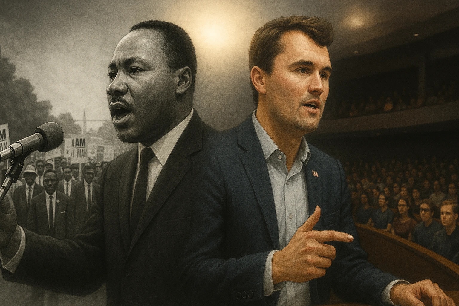 Ilustración digital simbólica que muestra a Martin Luther King Jr. y Charlie Kirk fusionados en una misma figura, conectando la lucha por los derechos civiles en los años sesenta con la batalla ideológica actual.