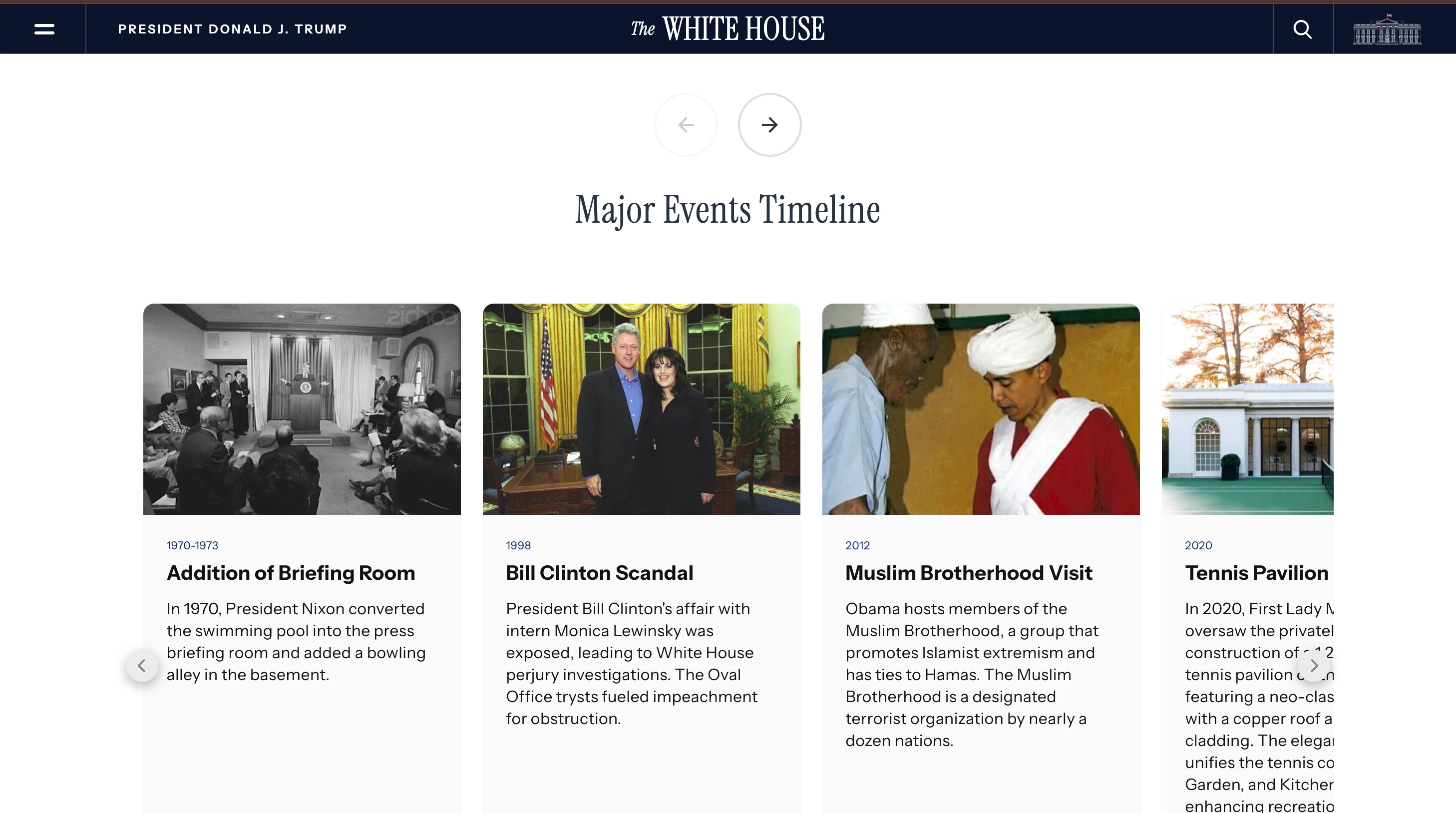 Imagen del sitio web oficial de la Casa Blanca mostrando la sección “Major Events Timeline”, con tarjetas informativas sobre la creación del salón de prensa en 1970, el escándalo de Bill Clinton en 1998, la visita de la Muslim Brotherhood en 2012 y el pabellón de tenis inaugurado en 2020..