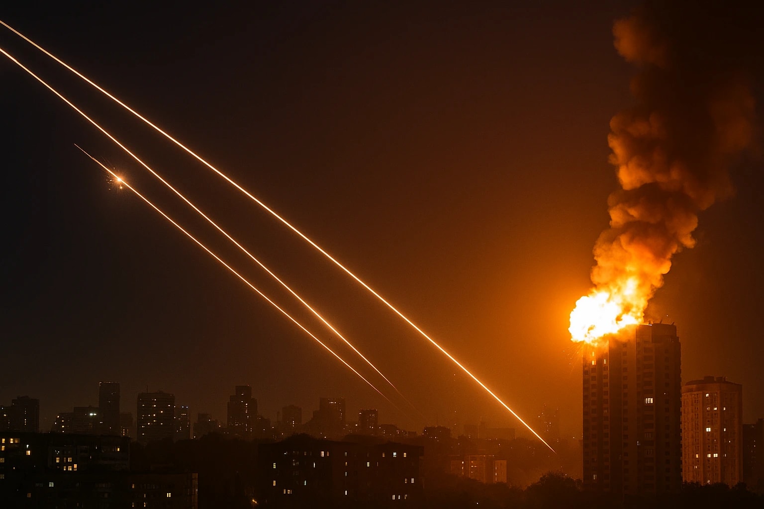 Imagen generada digitalmente de un ataque aéreo en Kyiv, con misiles cruzando el cielo nocturno y un edificio en llamas tras impacto ruso.