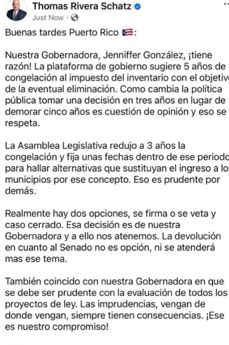 Publicación en redes sociales del presidente del Senado, Thomas Rivera Schatz, en la que apoya la decisión de la gobernadora Jenniffer González de evaluar el proyecto que congela el impuesto al inventario antes de firmarlo o vetarlo.
