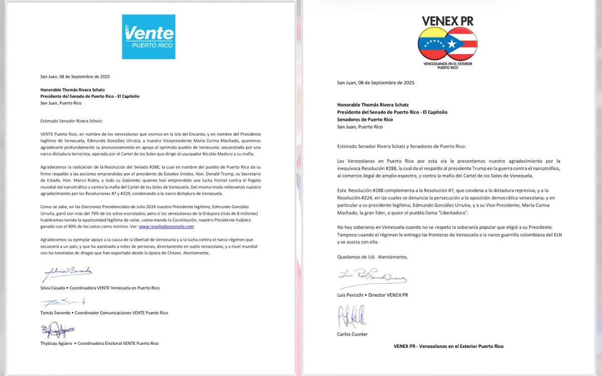 Imagen de dos cartas oficiales enviadas por VENTE Puerto Rico y VENEX PR, en exclusiva a INDIARIO, donde agradecen al Senado y a Rivera Schatz por la Resolución 288 que condena a Nicolás Maduro y respalda la lucha contra el narcotráfico.